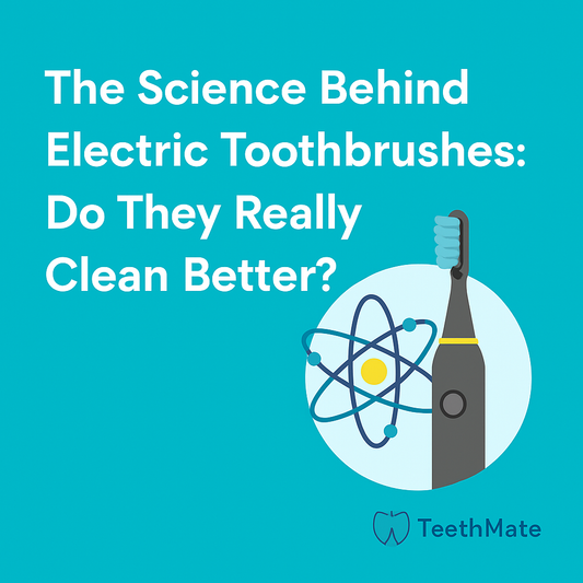 Electric toothbrush graphic with atom symbol and blog title text on a turquoise background, highlighting science and cleaning power