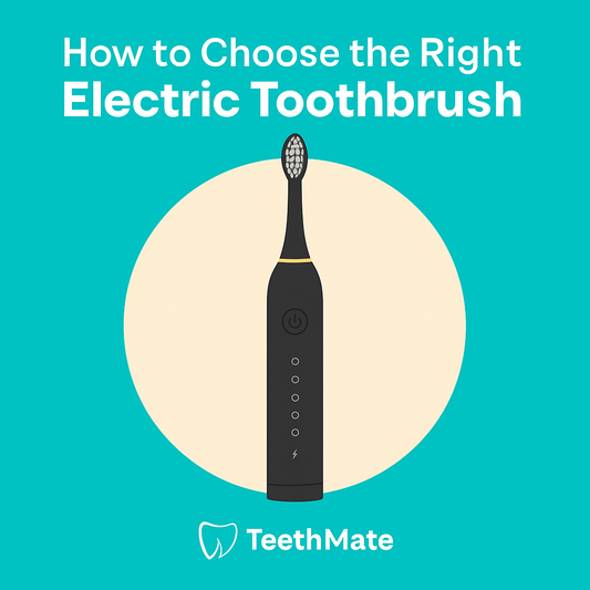 Flat-style digital graphic showing a black electric toothbrush with the title “How to Choose the Right Electric Toothbrush” above and TeethMate logo below