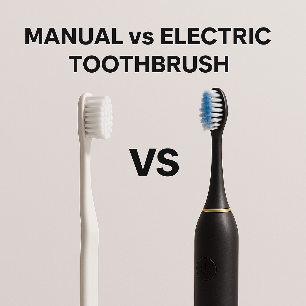 Comparison of manual vs electric toothbrushes with bold text asking which one is better