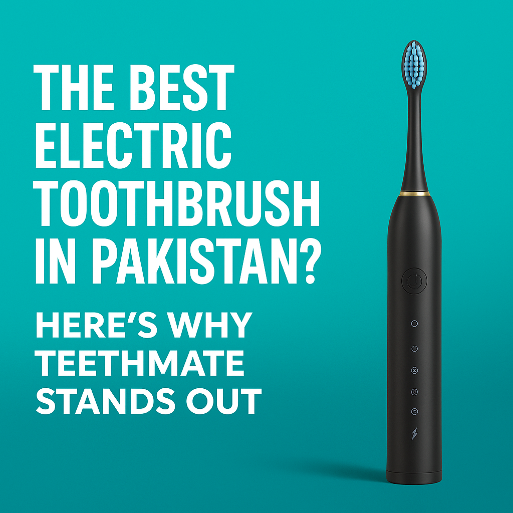 Black TeethMate electric toothbrush on a turquoise background with bold text highlighting it as the best electric toothbrush in Pakistan