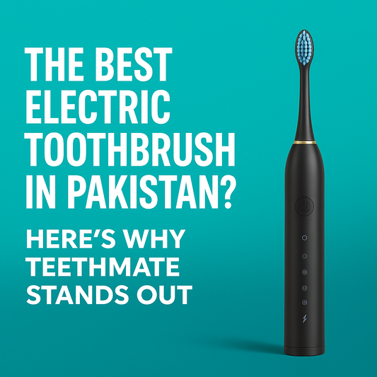 Black TeethMate electric toothbrush on a turquoise background with bold text highlighting it as the best electric toothbrush in Pakistan