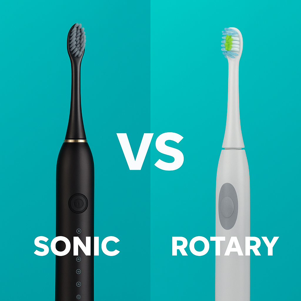 Side-by-side comparison of a sonic toothbrush and rotary toothbrush on turquoise background with bold "VS" text in the center