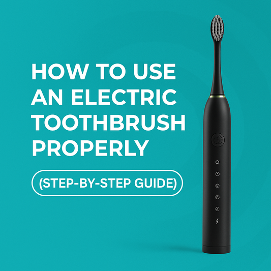 Black electric toothbrush with bold white text showing how to use it properly, displayed on a turquoise background for a step-by-step instructional guide