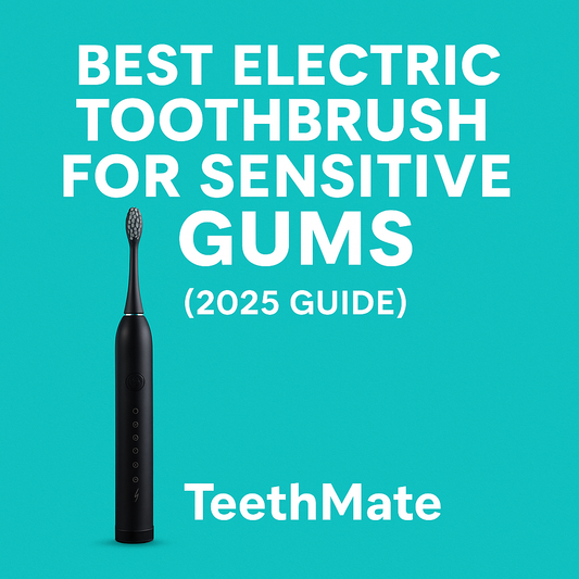 TeethMate black electric toothbrush displayed under bold white text reading “Best Electric Toothbrush for Sensitive Gums – 2025 Guide” on turquoise background