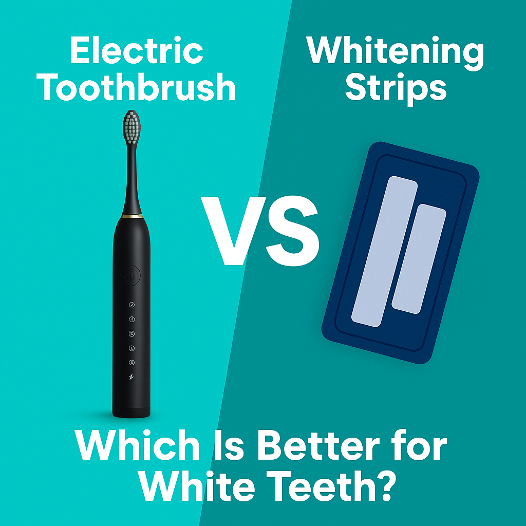Side-by-side comparison of an electric toothbrush and whitening strips with bold “VS” on a turquoise background asking which is better for white teeth