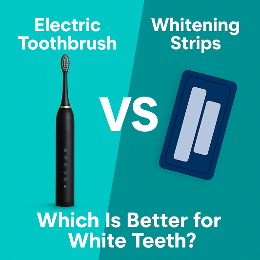 Side-by-side comparison of an electric toothbrush and whitening strips with bold “VS” on a turquoise background asking which is better for white teeth