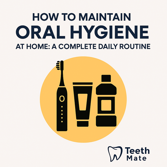 Illustration of electric toothbrush, toothpaste, and mouthwash inside a yellow circle with the title “How to Maintain Oral Hygiene at Home” above