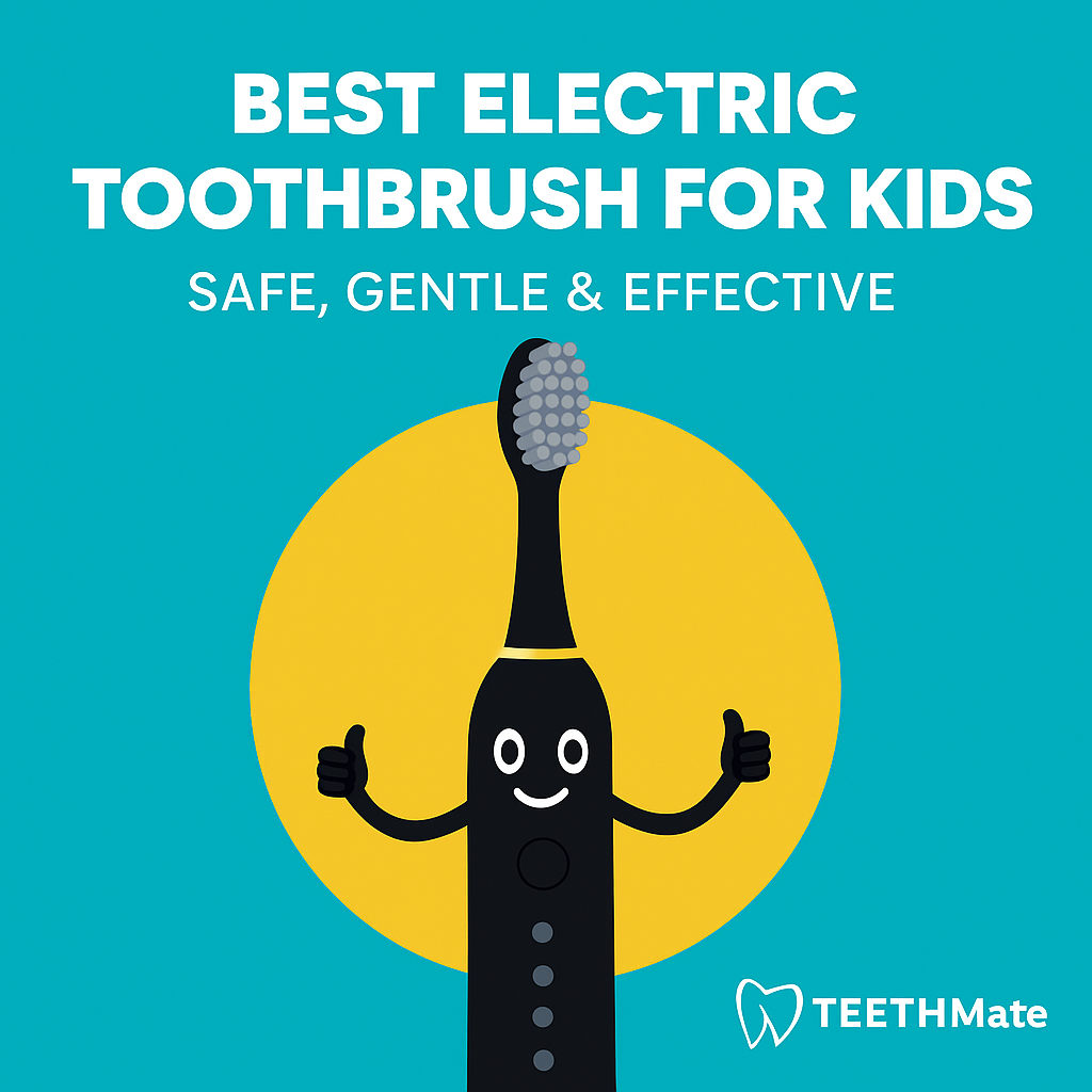 Smiling cartoon electric toothbrush with thumbs-up pose under bold title “Best Electric Toothbrush for Kids – Safe, Gentle & Effective” on turquoise background