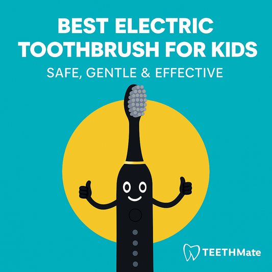 Smiling cartoon electric toothbrush with thumbs-up pose under bold title “Best Electric Toothbrush for Kids – Safe, Gentle & Effective” on turquoise background