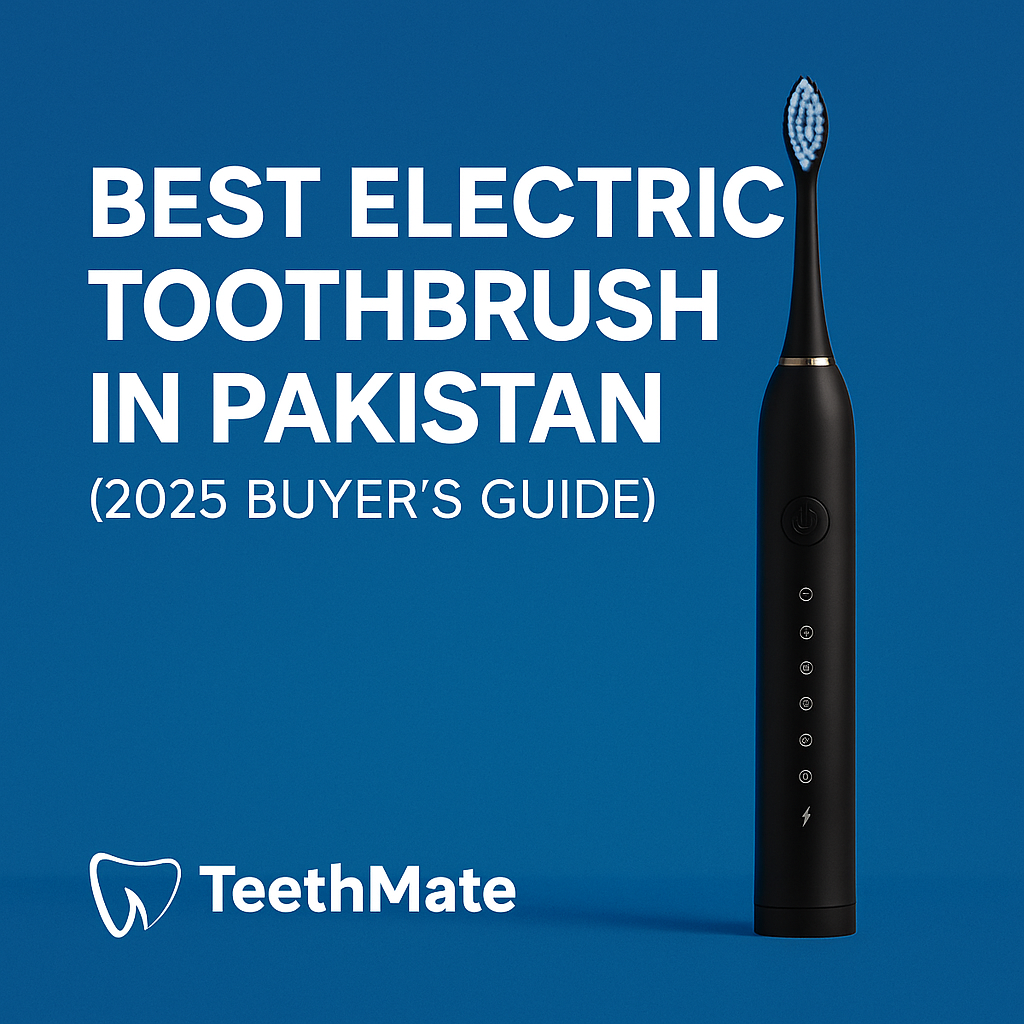 TeethMate black electric toothbrush on a blue background with bold white text stating “Best Electric Toothbrush in Pakistan – 2025 Buyer’s Guide”