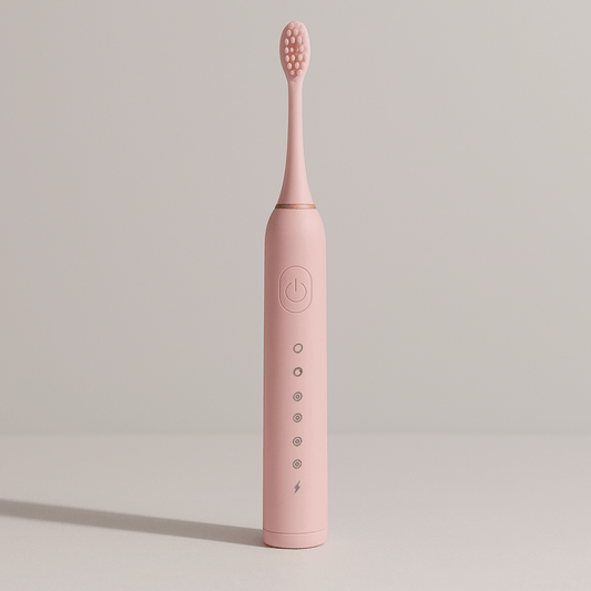 Pink electric toothbrush with soft bristles and sonic cleaning modes