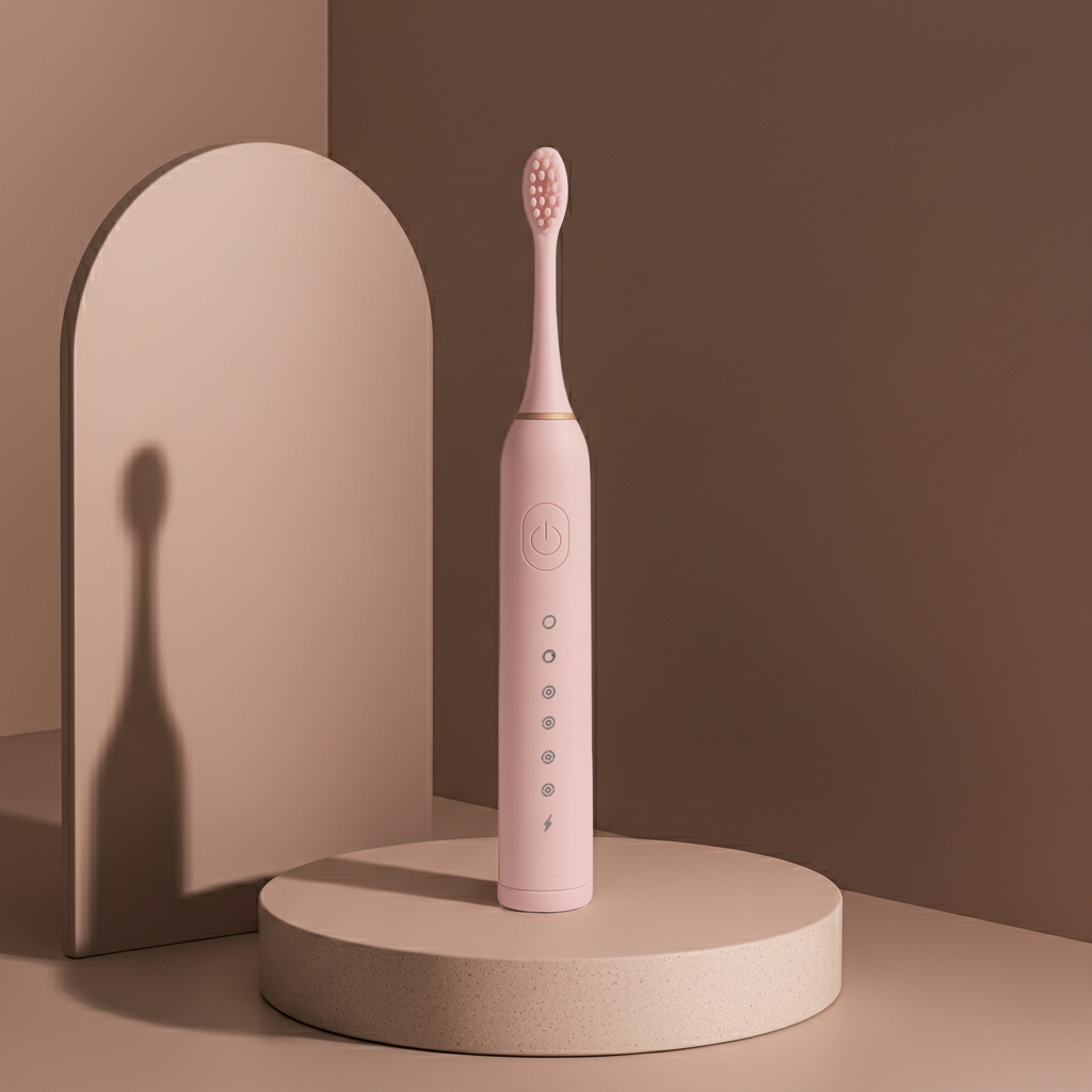 A light pink electric toothbrush with gold detailing stands upright on a round beige pedestal. Behind it is a matching beige arched backdrop against a warm brown wall, with a soft shadow cast to the left.